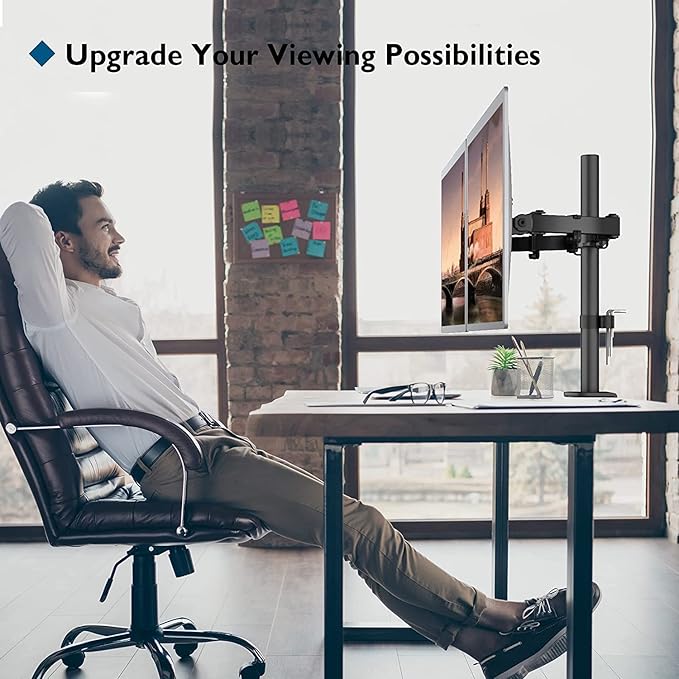 BONTEC Dual Monitor Desk Mount, Full Motion Adjustable Monitor Stand for 13–27 Inch Screens, Heavy Duty Arms Hold Up to 22 lbs Each, VESA 75x75/100x100 mm, C Clamp and Grommet Base, Cable Management