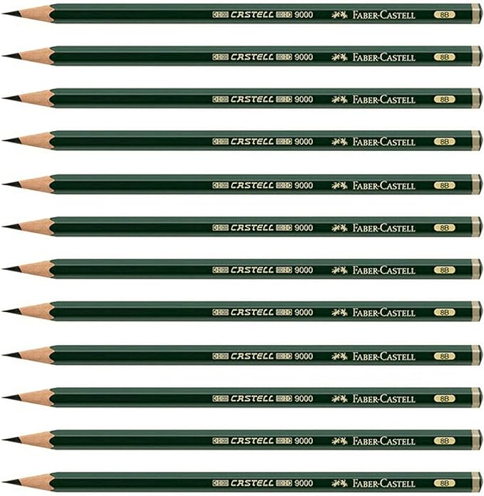 Faber-Castell pencils, Castell 9000 graphite pencils, 8B Pre-sharpened Black lead pencils for sketch, shading, drawing, artist - box of 12 (8B)