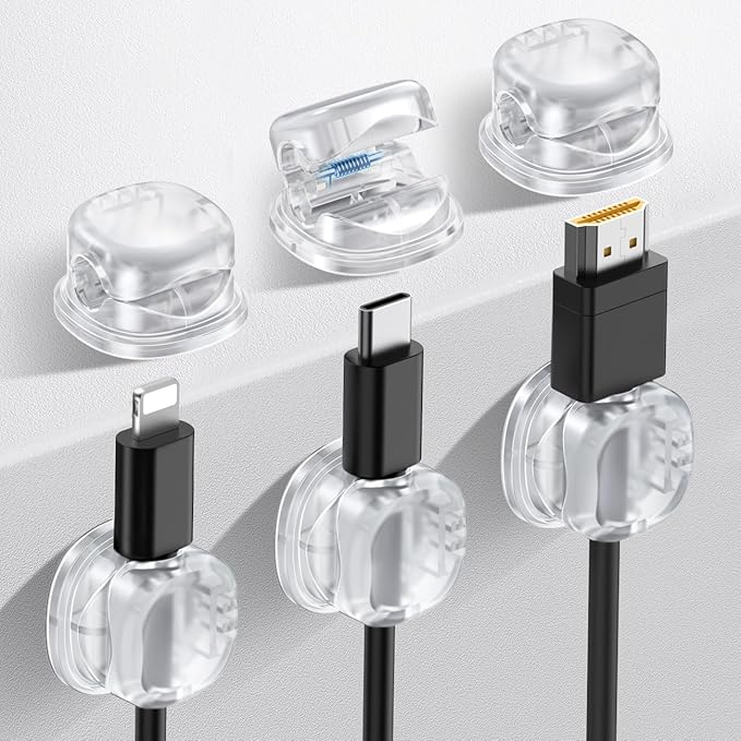 AhaStyle Spring Cable Organizer [1s Lock] 6 Pack Cord Cable Holders Clips Strong Adhesive Cable Cord Keeper [Smooth Adjustable] Hide Wire Cord Organizer for Nightstand Kitchen Car Office (Transparent)
