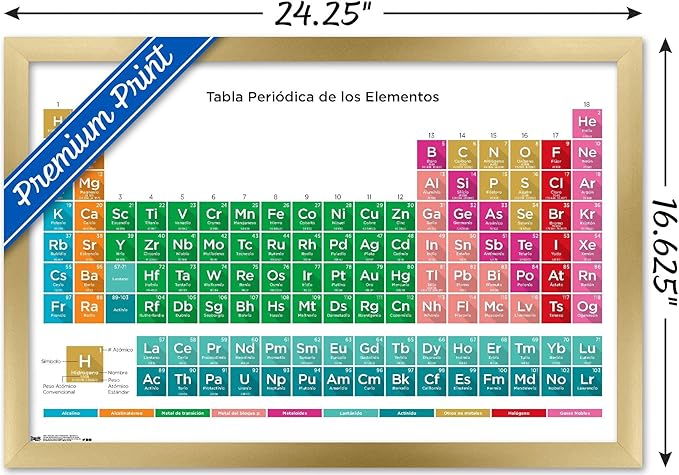 Trends International Periodic Table Of Elements - Spanish Wall Poster, 14.725" x 22.375", Gold Framed Version