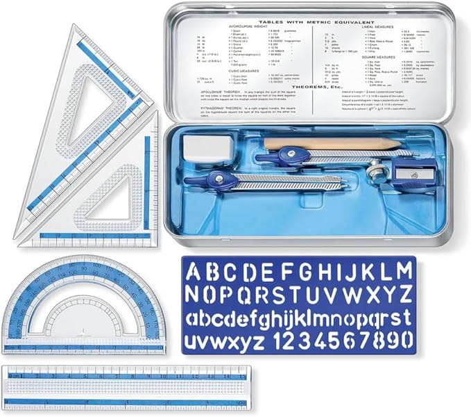 STAEDTLER 10-Piece Math Set with Metal Compass 24-Pack (24 Sets of 10 pcs), 6" Ruler & Triangle Squares, 45° & 30/60° Set Squares, Alphabet Stencil - Measuring Tools, 240 Count