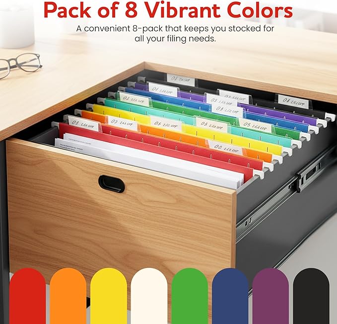 Colored Hanging File Folders – 8 Pack Assorted Colors, Letter Size File Organization Folders for Home, Office, School & Filing Cabinets.