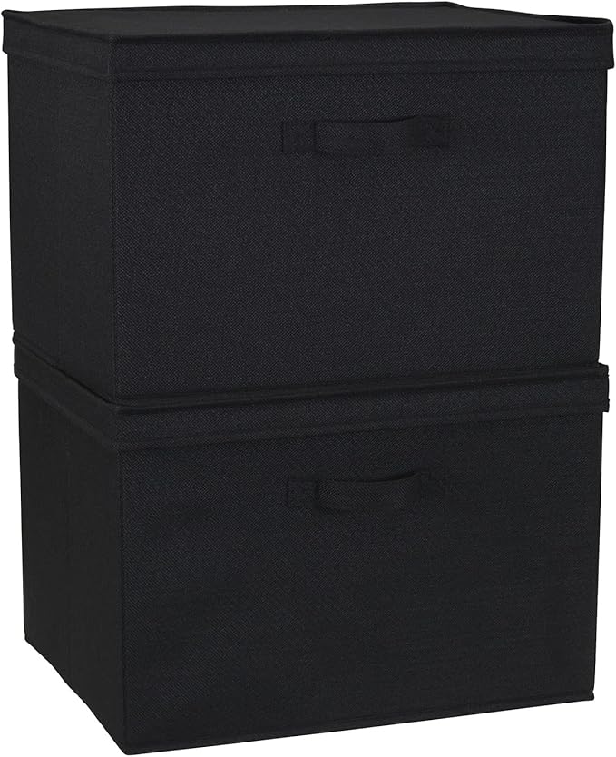 Household Essentials Wide Fabric Storage Bins with Lids, Black, Set of 2