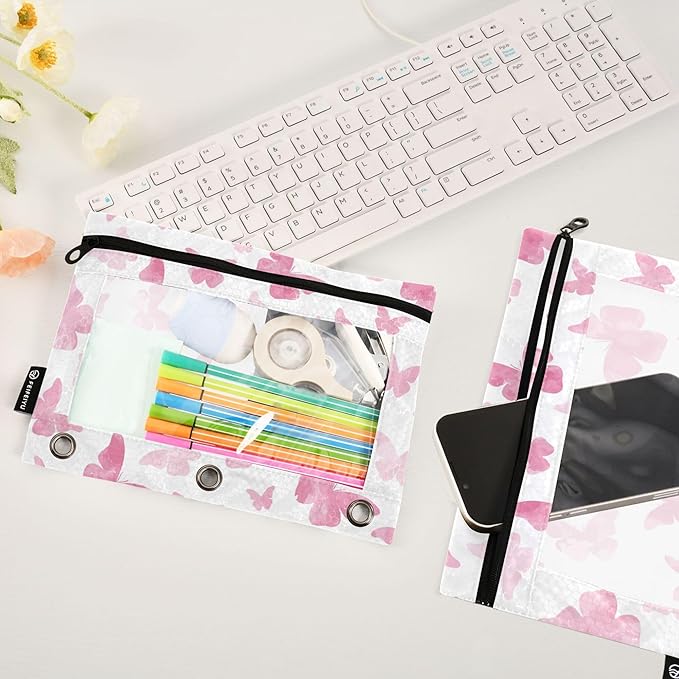 Butterfly Pencil Pouch Flip Folder 3 Rings,Binder Zipper Pouch with Clear PVC Window for Family,Office 2 Pack