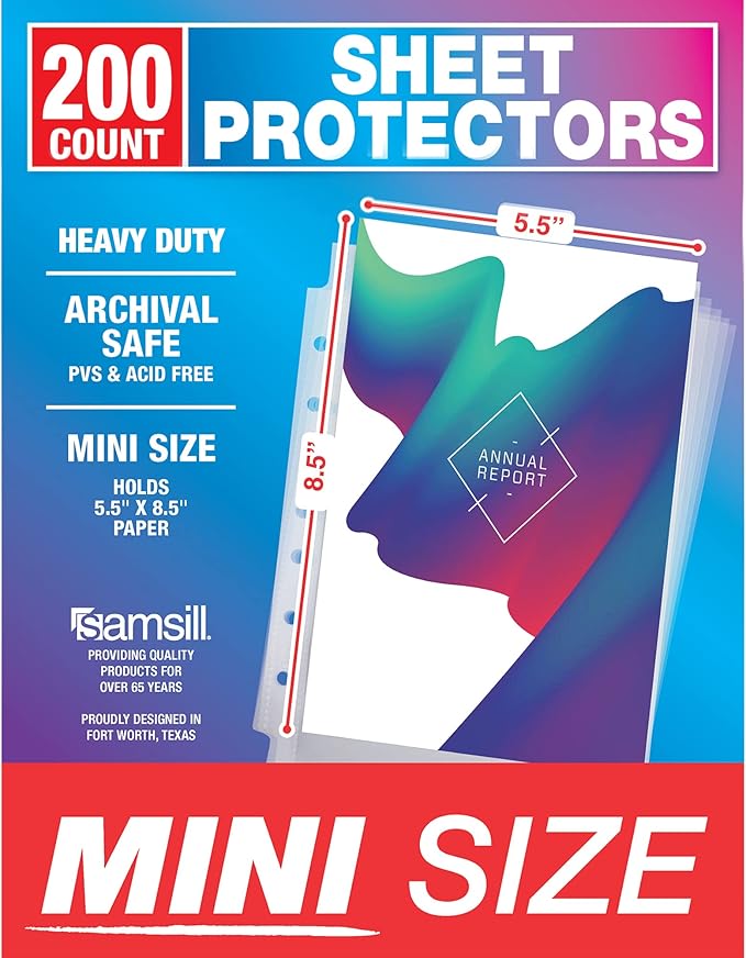 Samsill Mini Sheet Protectors, 5.5 x 8.5 Inch Page Protectors for Mini 3 Ring Binder, Heavy Duty, Clear Protector Sheets, 7 Hole, Top Loading, Acid Free (Pack of 2000)