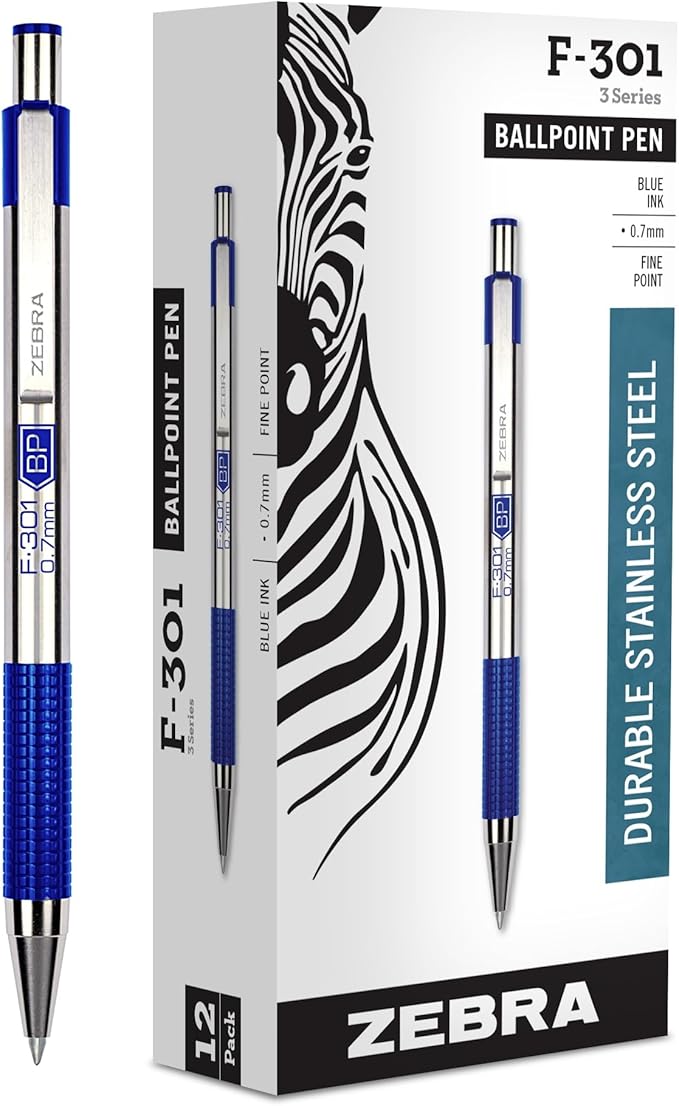 Zebra Pen F-301 Ballpoint Blue Ink Fine Point 0.7mm Pen, Easy-Glide Ink, Stainless Steel Retractable, Non-Slip Grip, Professional Design, Ideal for Office, Journal and Planner Use, 12-Pack (27120)