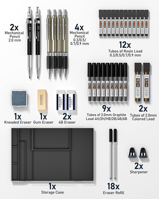 Mechanical Pencil Set with Case 37 Count, Drawing Pencils 0.3, 0.5, 0.7, 0.9MM & 2PCS 2MM Sketching Pencils with 492PCS Lead Refills (6B 4B 2B HB 2H 4H Color) for Artist Drafting Drawing