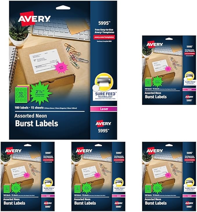 Avery Neon Address Labels with Sure Feed for Laser Printers, 2-1/4", Assorted Colors, 180 Burst Labels (5995) (Pack of 5)
