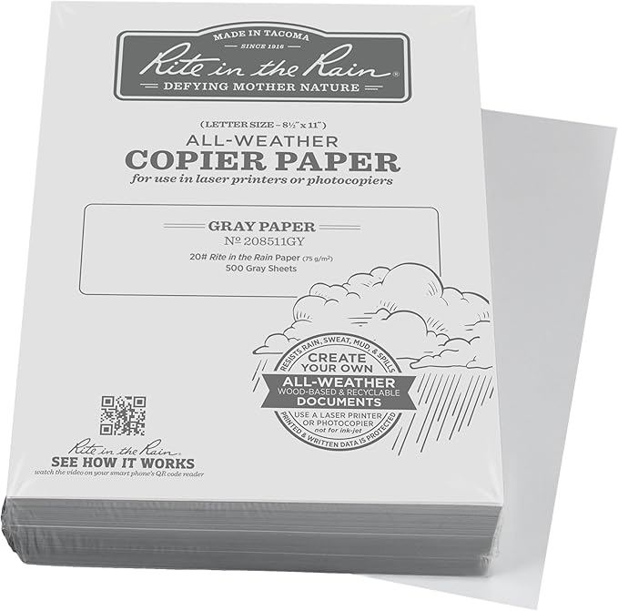 Rite in the Rain Weatherproof Bulk Copier Paper, 8.5" x 11", 20# Gray, 500 Sheet Pack (No. 208511GY)