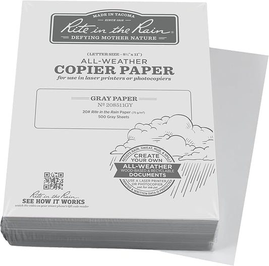 Rite in the Rain Weatherproof Bulk Copier Paper, 8.5" x 11", 20# Gray, 500 Sheet Pack (No. 208511GY)