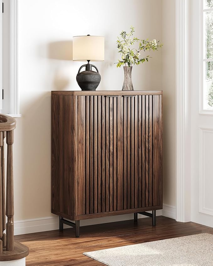LITTLE TREE 6-Tier Shoe Cabinet with Doors for Up to 24 Pairs, Large Wooden Shoe Storage Cabinet with Adjustable Shelves, Retro Freestanding Shoe Organizer Cabinet for Entryway, Hallway, Dark Walnut