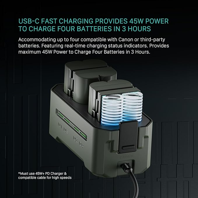Tilta LP-E6P Battery Charging Kit with 4 USB-C Rechargeable Batteries – Compatible with Canon EOS R5 Mark II, R6 Mark II, R7, R6, R5, R, 5D IV, 6D, 7D II, 90D, 80D, 70D, 60D, 60Da – Green
