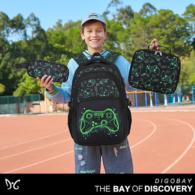 Boys Backpack for School, 3PCS Cool Luminous Gamer Backpack for Boys with Lunch Box Pencil Case, Kids Backpacks Bookbag for Teen Boy Elementary Middle High School with USB Charging Port