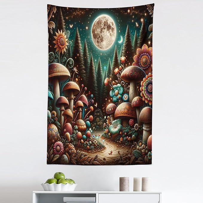 Ambesonne Aesthetic Tapestry, Colorful Psychedelic and Traditional Detailed Mushrooms Night Forest, Fabric Wall Hanging Decor for Bedroom Living Room Dorm, 30" X 45", Dark Teal Purple Orange
