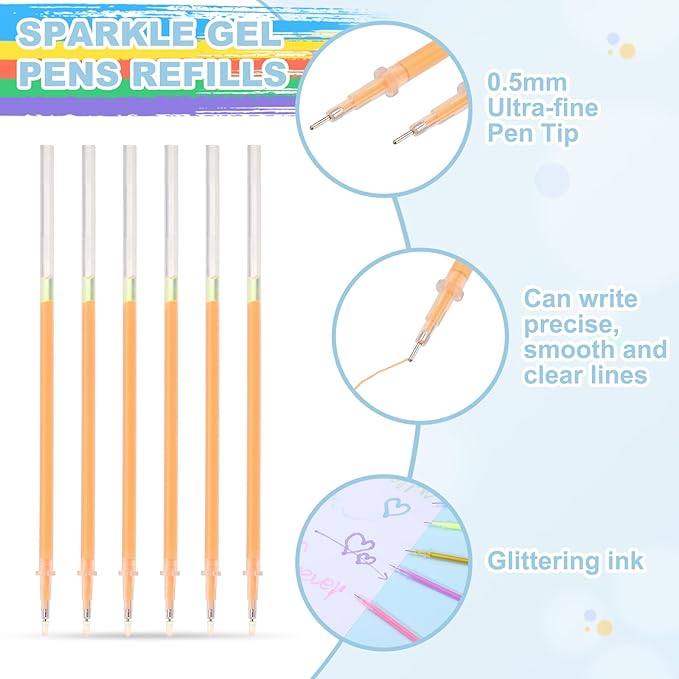 PATIKIL 0.5mm Gel Pens Refills, 24 Pack Glitter Gel Pens Sparkle Metallic Ink Fine Point Colored Refill Set for Adults Coloring Books Journaling Scrapbooking Art Drawing, Dark Yellow
