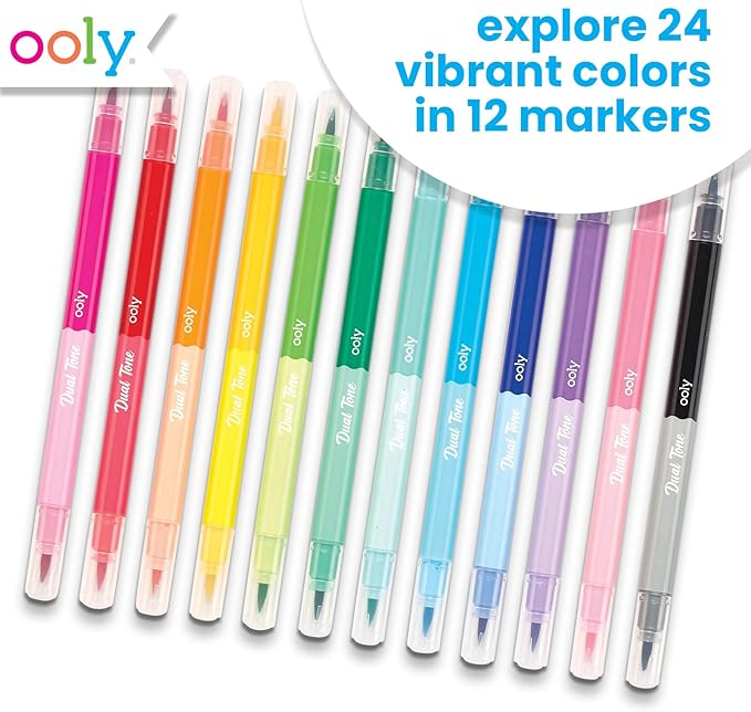 Ooly Dual Tone Double Ended Calligraphy Markers, 12 Brush Tip Markers, 24 Colors, Pens for Writing & Hand Lettering, Dual Tip Calligraphy Pens, Acid-Free Ink