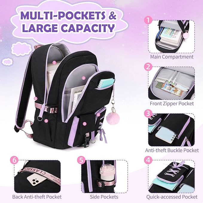 Backpacks for Girls, Girls Backpack with Lunch Box and Pencil Case for Teen Kids Elementary Middle High School College Student, Children Backpack Bookbag with USB Charging Port (Black Purple)