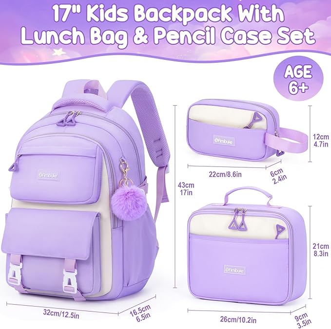 Fimibuke Backpacks for Girls, 3 PCS Waterproof School Backpack with Lunch Box, Pencil Pouch Set for Kids Teens Girls, Cute Bookbag School Bag for Elementary Middle High School Student Ages 6+(Purple)