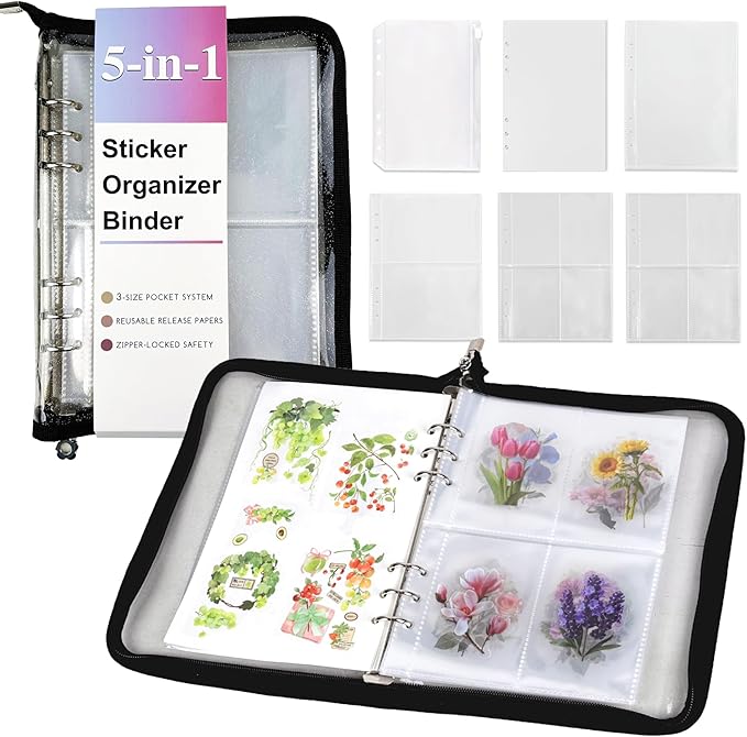 5-in-1 Sticker Organizer Book Reusable A5 Storage Binder with 220 Pockets,10 Release Papers, Zipper Album Sticker Collecting Display Keeper (Black)