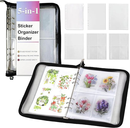 5-in-1 Sticker Organizer Book Reusable A5 Storage Binder with 220 Pockets,10 Release Papers, Zipper Album Sticker Collecting Display Keeper (Black)