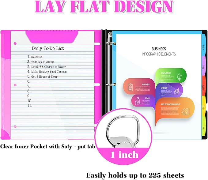 INFUN 1 Inch 3-Ring Telescoping Project Organizer Binder,13 Pocket, Customizable Front Cover, 5 Colors Pocket Divider and Plastic Binder Pocket，225 Sheet Capacity-Pink