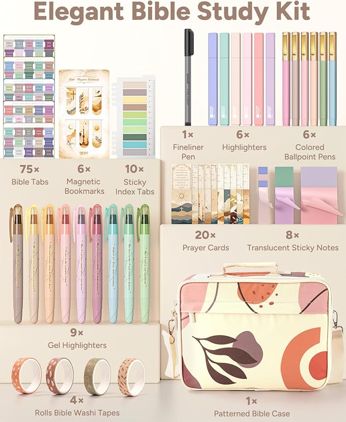 WEMATE 76 PCS Bible Study Supplies with Case, 15 No Bleed Highlighters and Pens, Washi Tape, Transparent Sticky Notes, Prayer Cards, Annotation Journaling Kit Christian Gift for Women