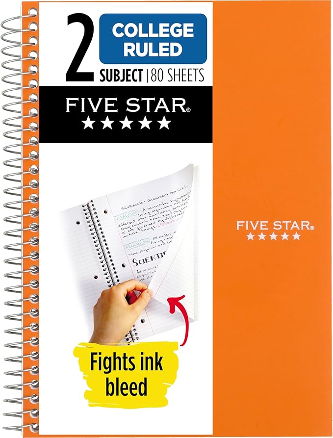 Five Star Spiral Notebook, 2 Subject, College Ruled Paper, 6" x 9-1/2", 80 Sheets, Fights Ink Bleed, Water Resistant Cover, Sedona Orange (840029CD1-ECM)