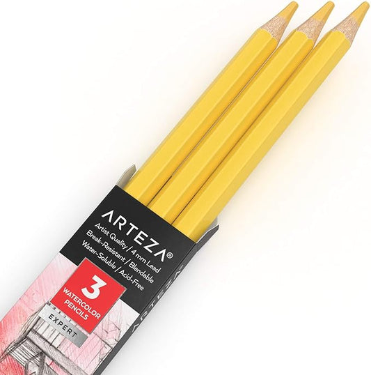 Arteza Professional Watercolor Pencils, Pack of 3, A102 Jasmine Yellow, Water-Soluble Pencils for Coloring, Blending, Layering & Watercolor Techniques