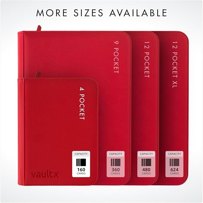 Vault X 4 Pocket Trading Card Zip Binder, 160 cards, Premium Exo-Tec Album Material, 20 Side-Loading Pages, Folder for Collectible Card Games, Sports, TCG (Red)
