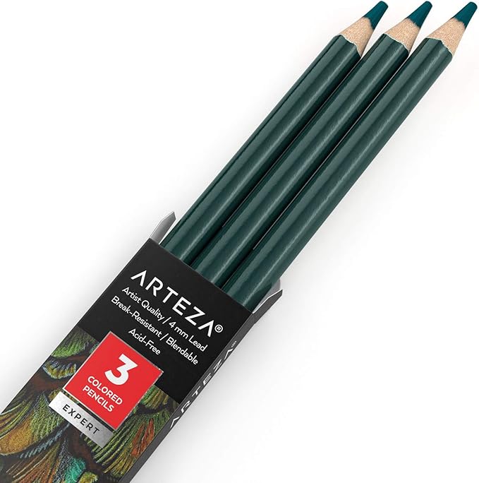 Arteza Colored Pencils, Pack of 3, A510 Deep Teal, Soft Wax-Based Cores, Ideal for Drawing, Sketching, Shading & Coloring