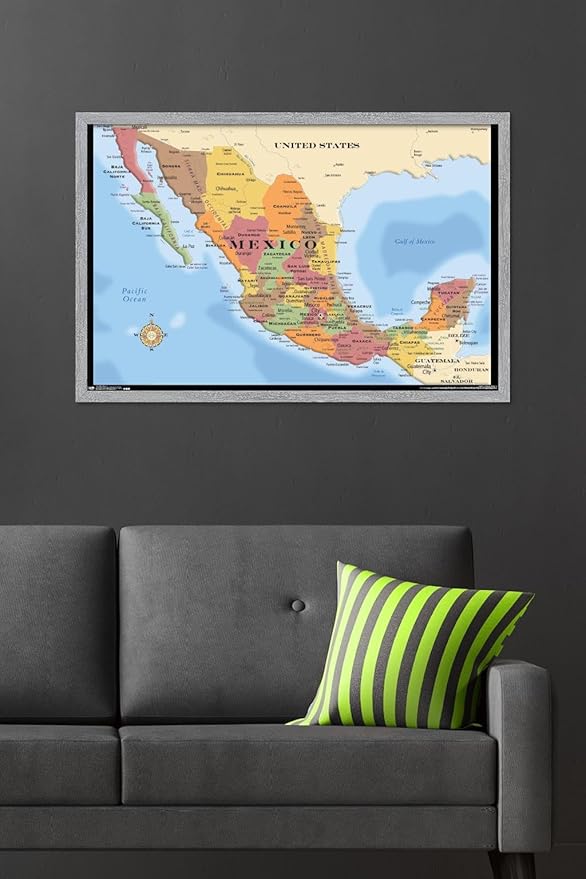 Map - Mexico Wall Poster, 34L" x 22.4W", Gray Framed Version