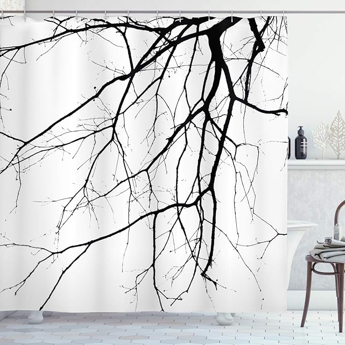 Ambesonne Black White Shower Curtain, Macro Leafless Winter Tree Branches Idyllic Twigs of Oak Nature Print, Cloth Fabric Bathroom Decor Set with Hooks, 69" W x 84" L, Black White