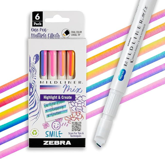 Zebra Pen Mildliner Mix Dual Color Highlighter Marker Set, Chisel Tip, No Bleed, Ideal for Bible Highlighting, Journaling, Note-Taking, School and Office Supplies, Assorted Colors, 6-Pack (77706)