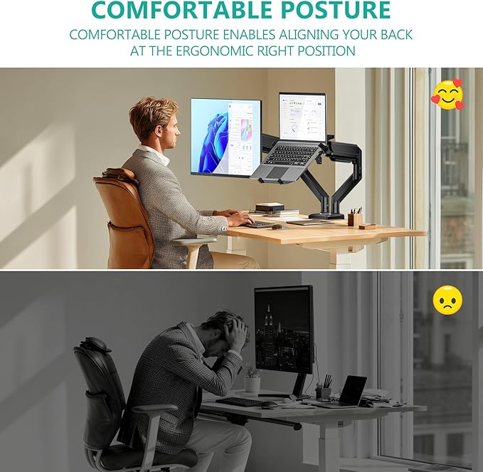 WALI Dual Arm Laptop and Monitor Desk Mount for 17" Notebook and Up to 32" Screen, Gas Spring Dual Monitor Arm with Laptop Tray, Holds up to 19.8 lbs per Arm, VESA 75x75 100x100, Black (GSMP002LP)