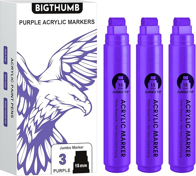 3 Pcs Purple Jumbo Permanent Markers: 15mm Wide Tip Thick Acrylic Paint Pen Large Calligraphy Marker for Rock Painting, Poster, Sign, Canvas, Glass, Wood, Ceramic