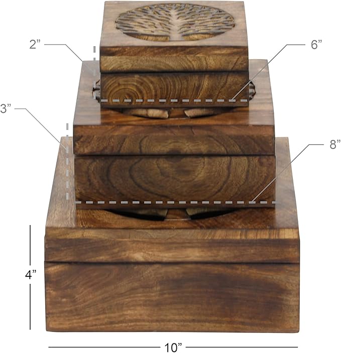 Deco 79 Wood Tree Handmade Decorative Box Decorative Keepsake Boxes with Hinged Lid, Set of 3 Storage Boxes, Brown