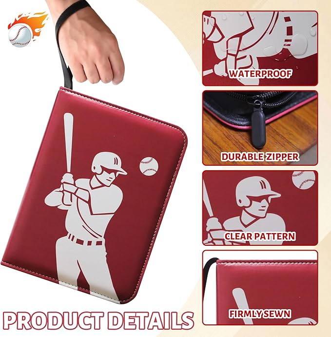 Trading Card Binder 4-Pocket Baseball Design Card Album with 50 Removable Sleeves, Holds 400 Cards, Sports & Game Collectible Card Holde