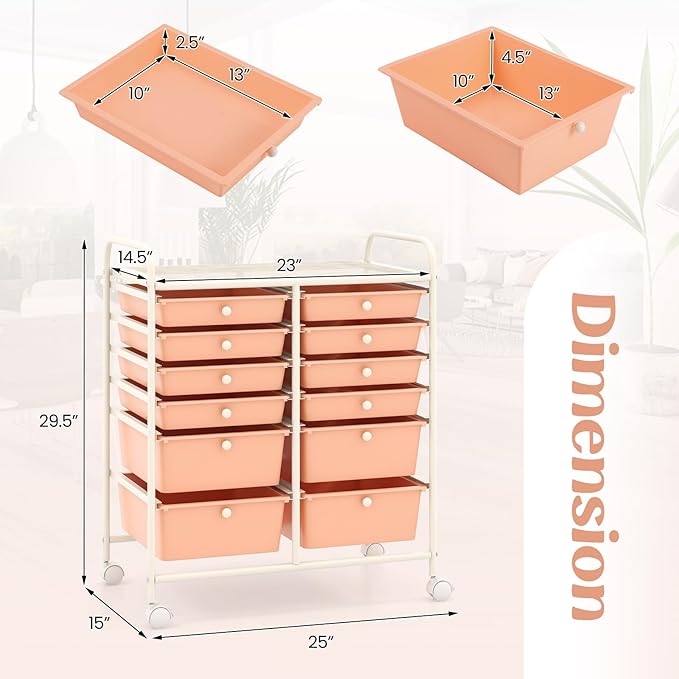 COSTWAY 12-Drawer Rolling Storage Cart, Moveable Art Craft Organizer W/Lockable Wheels, Metal Shelf, Files Arrangement Tools Makeup Storage Cart for Office, Home, School, Peach