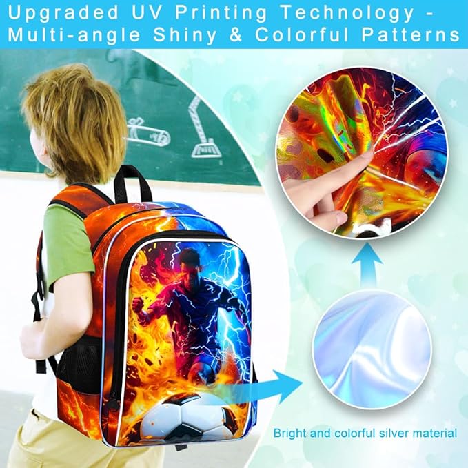 gxtvo 3PCS Soccer Backpack for Kids, 17" Boys School Bookbag with Lunch Box, Water Resistant Lightning Bag Middle Elementary - Fire & Lightning Soccer Player