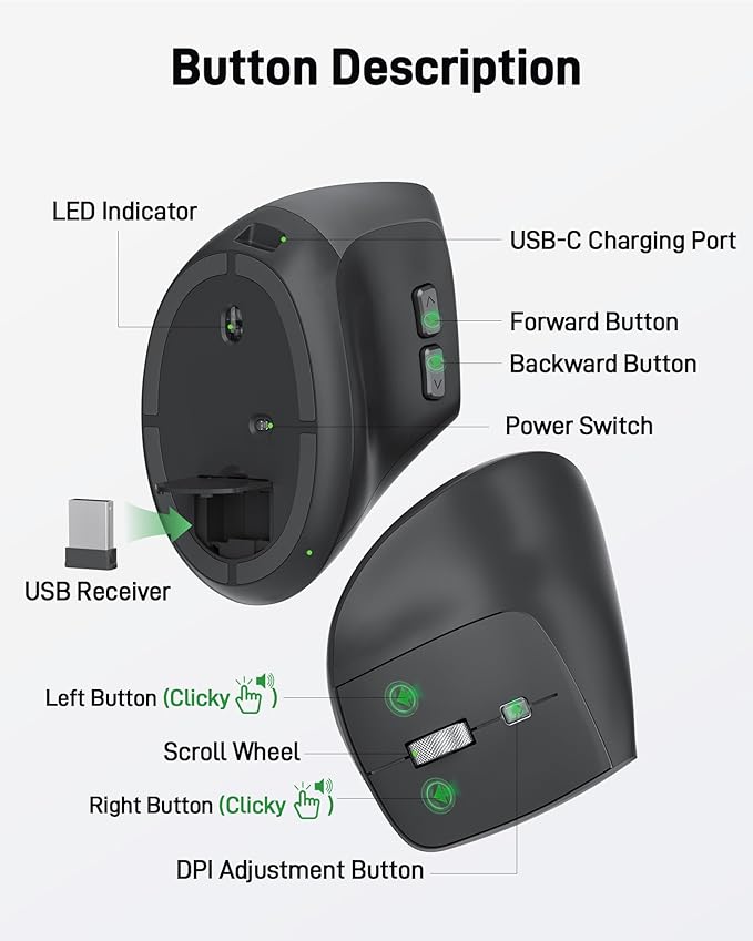 acer Ergonomic Mouse Wireless, Adjustable DPI Vertical Mouse 1000/1200/1600 with 6 Buttons, Rechargeable Ergo Mice, Medium to Large Sized Hands, 2.4GHz USB Receiver for Computer, Laptop, PC