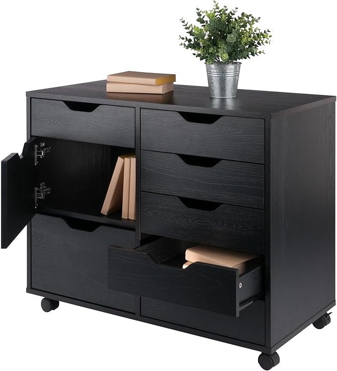 Winsome Halifax Storage Mobile Cabinets, 2 Doors, 6 Drawers, for Home Office, Black