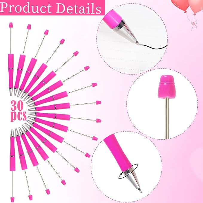 jiebor 30Pcs Hot Pink Beadable Pens Plastic Bead Ballpoint DIY Cute Cool Pens Black Ink for Women Men Bridal Graduation Gift Office Supplies