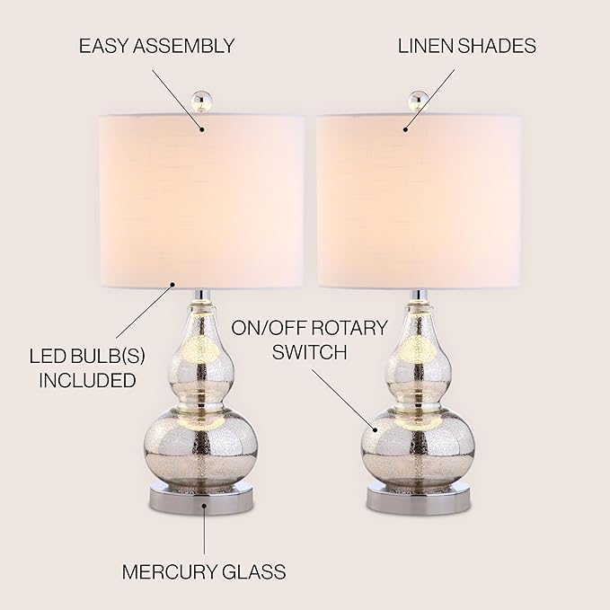 JONATHAN Y 20.5" Mercury Silver Glass Table Lamp, Modern Gourd Bedside Nightstand Lamp for Bedroom, Living Room, White Linen Shade, LED Bulb Included (JYL1028C-SET2)