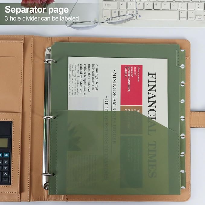 Koqye Binder Dividers with Pockets - 8 Plastic Dividers for 3 Ring Binders - A4 Bividers with Tabs for Planners (Dark Green - 1 Pack)