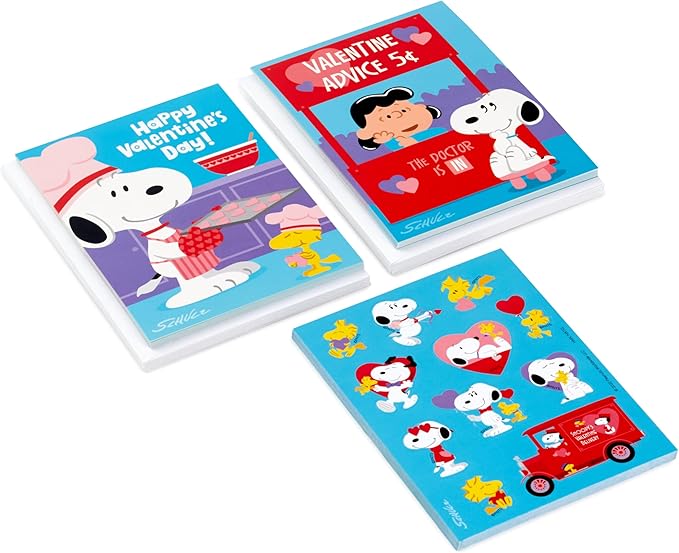 Hallmark Peanuts Valentines Day Cards and Stickers for Kids School, Snoopy and Lucy (24 Classroom Valentines with Envelopes)