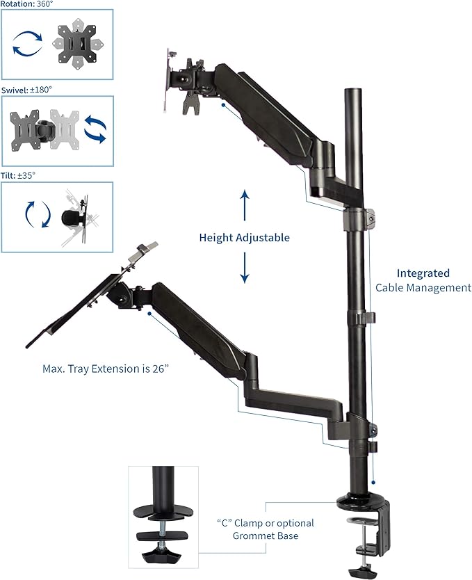 VIVO Black Dual Monitor Sit-Stand Height Adjustable Workstation, Standing Desk Mount with Pneumatic Spring, Holds 2 Screens up to 32 inches STAND-SIT2B