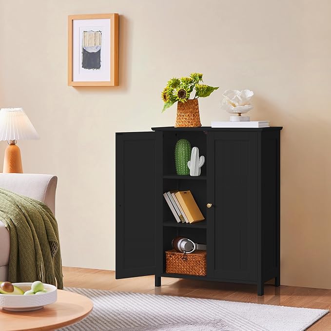 Yaheetech Bathroom Floor Cabinet, Modern Storage Freestanding Organizer Cabinet with Adjustable Shelves & Double Doors, 3-Tier Home Living Room Furniture, Black