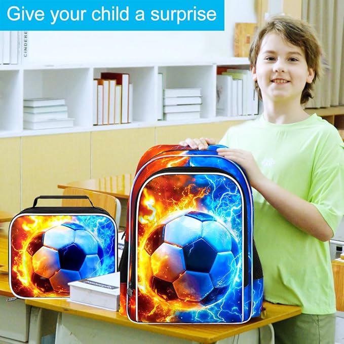 gxtvo 3PCS Soccer Backpack for Kids, 17" Boys Bookbag with Lunch Box, Water Resistant Middle Elementary School Bag - Fire & Lightning Soccer