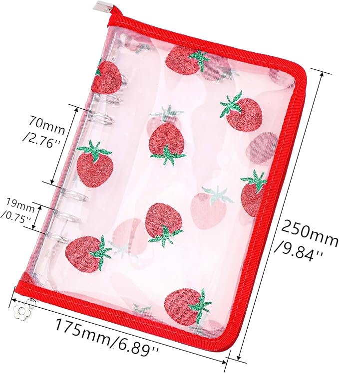 AxeWoodz Red A5 Zipper Binder Clear Refillable Notebook Shell Cute Strawberry Lace Cover 6 Ring PVC Binder Cover for Photocard Planner Journal Photo Album