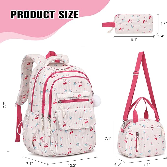 Bevalsa Backpack for Gilrs, 3PCS Corduroy Kids Backpack Set with Lunch Box & Pencil Pouch, Bookbag Daypack Laptop Bag for Women Teens Elementary Middle High School